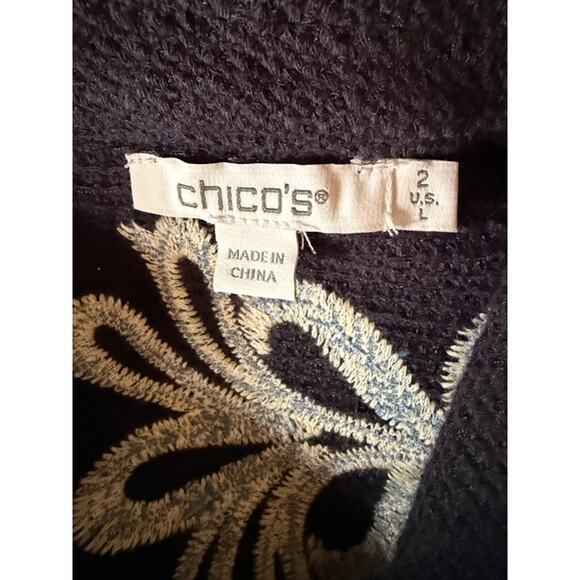 Chico’s 2 Navy Blue Embroidered Zip Jacket Textured Cotton Blend - Picture 5 of 7